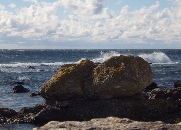 Bild. Vågor slår upp bakom stenar.